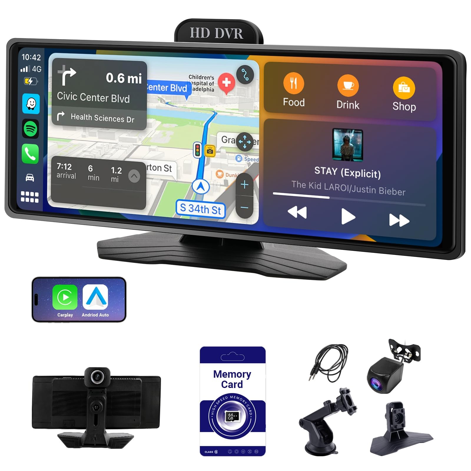 ‌10.26 Inch Wireless CarPlay & Android Auto Car Display with 1080P Dash Cam &…