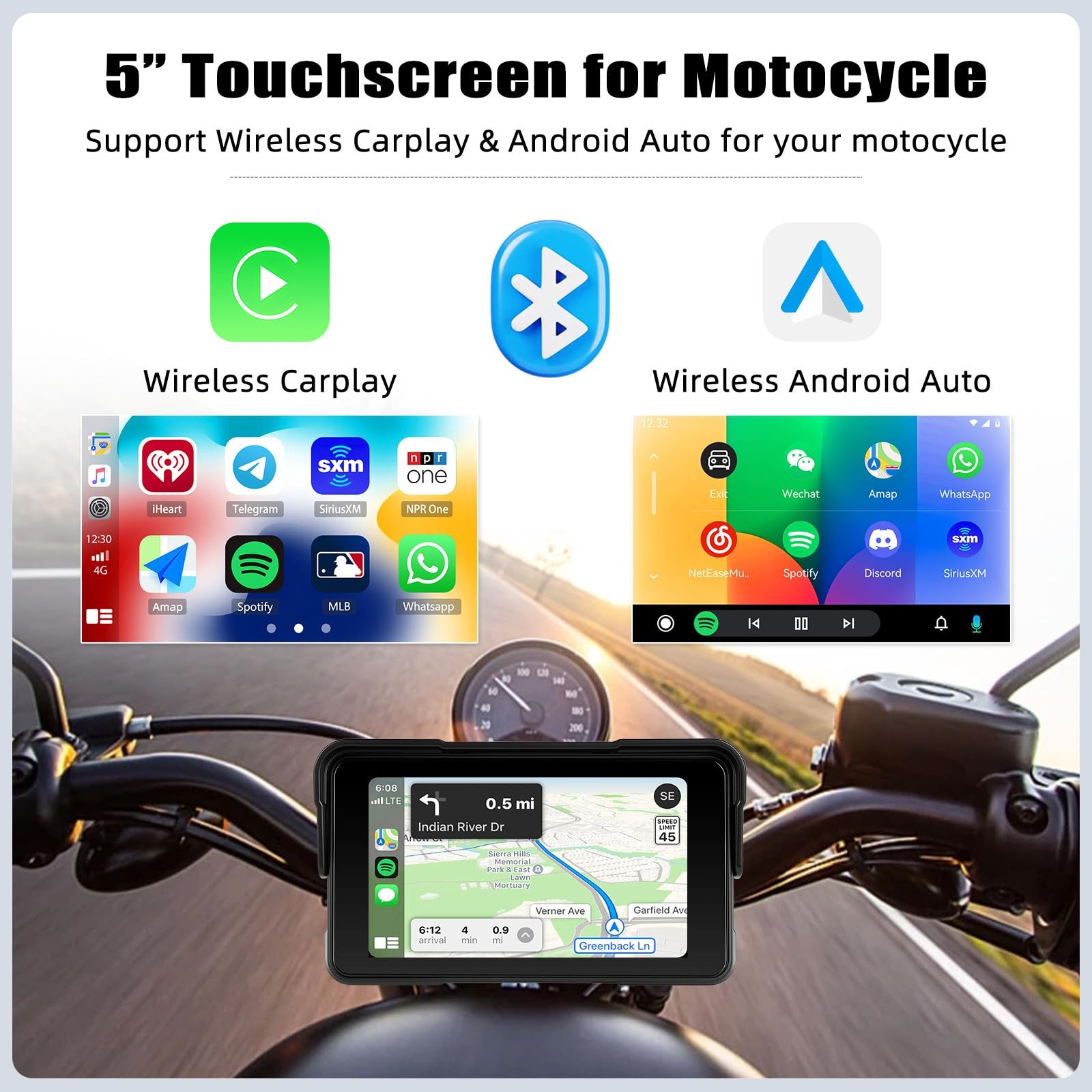 Motorcycle Wireless CarPlay & Android Auto Screen, 5″ IP68 Waterproof HD for …