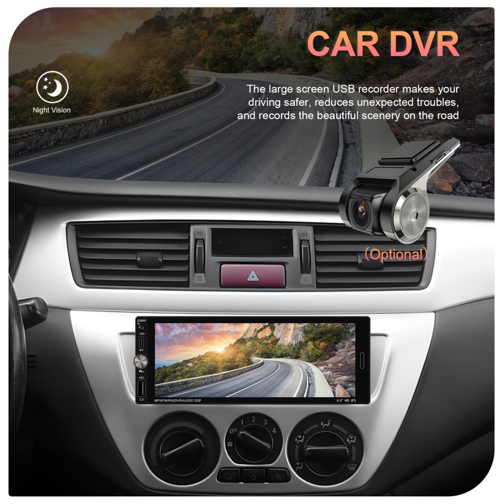 6.9” Single 1 Din USB Car Stereo Apple CarPlay touchscreen Bluetooth Radio SWC