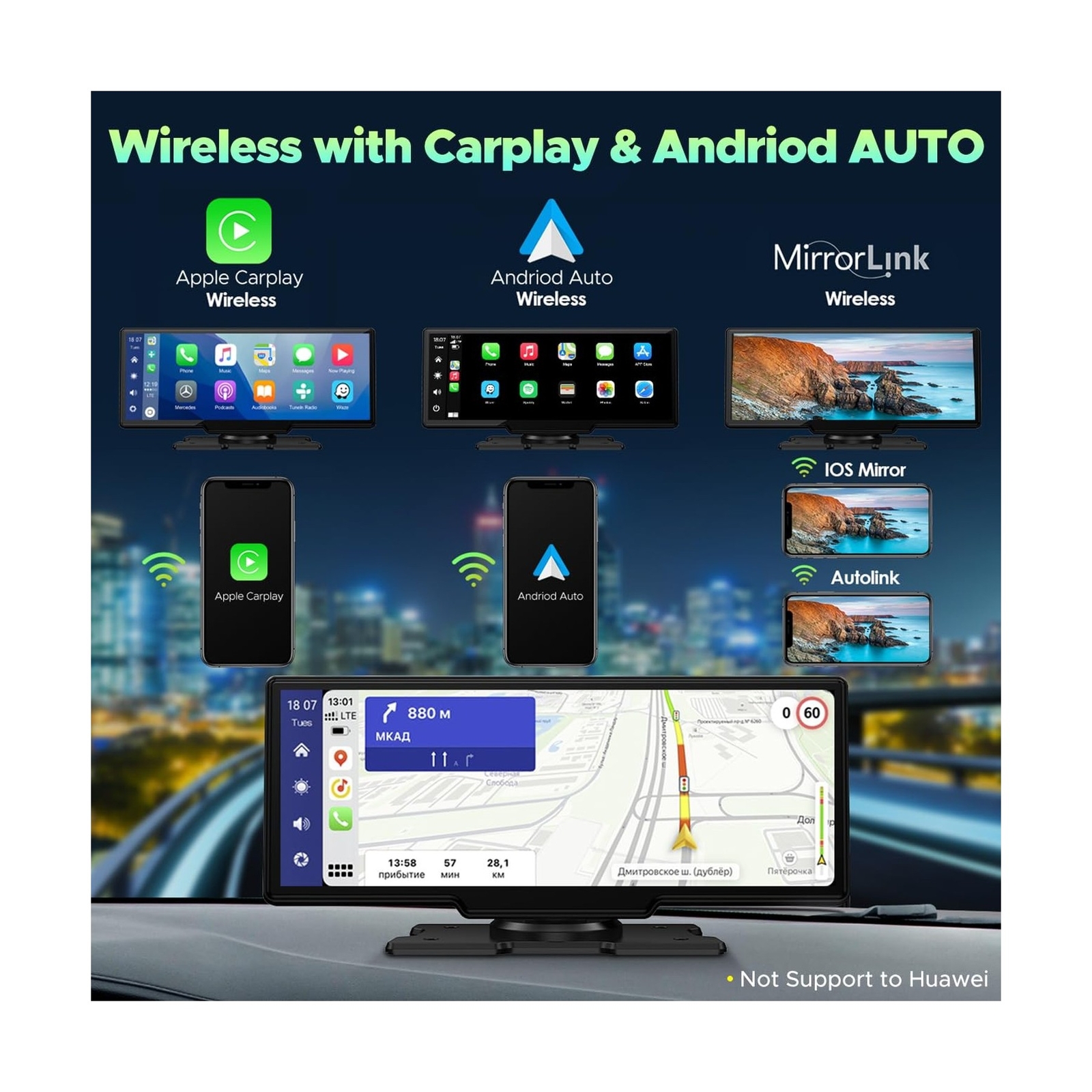 LAMTTO 9.26″ Wireless Car Stereo Apple Carplay with 2.5K Dash Cam, 1080P Back…
