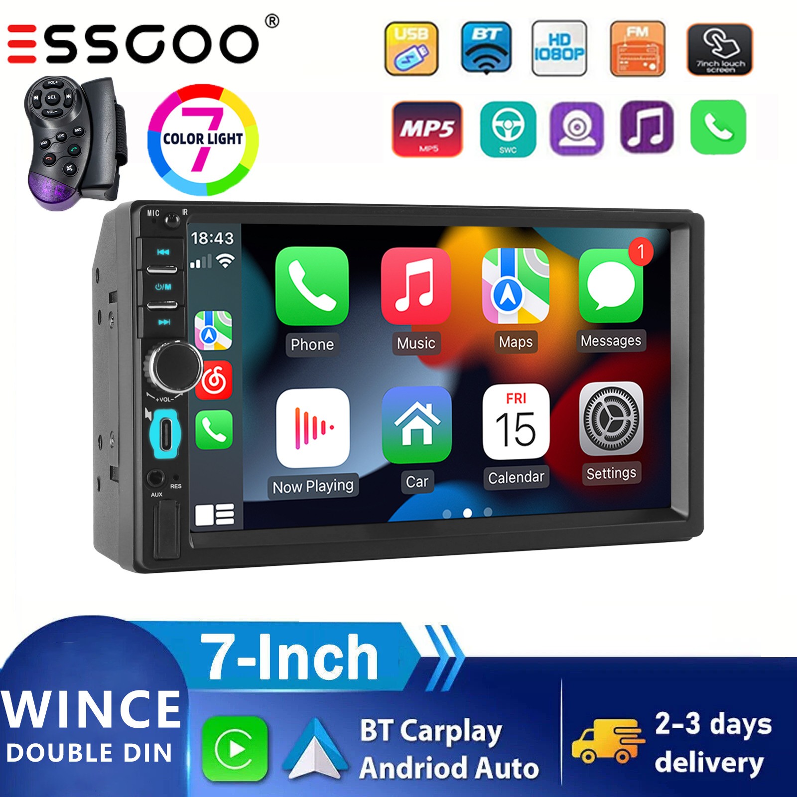 7″ Double 2 Din Car Stereo with Apple Carplay Android Auto USB FM BT Radio SWC