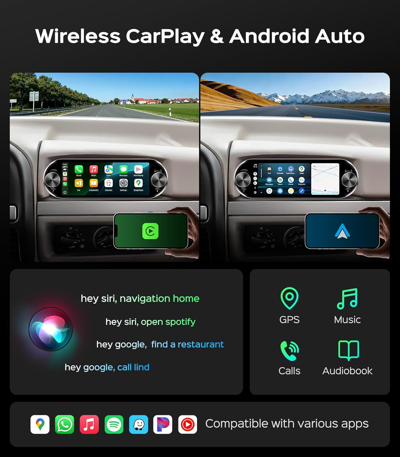 6.86″ Single Din Touchscreen Car Radio Wireless Carplay/Wired Android Auto, 1280