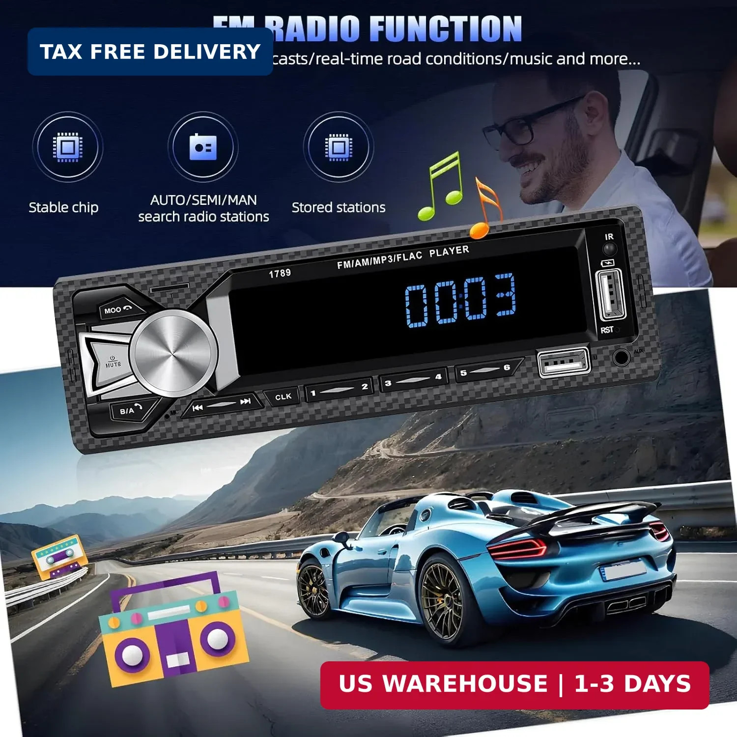 Single Din Car Stereo Bluetooth Hands Free Calling Car Audio Receivers with Digi