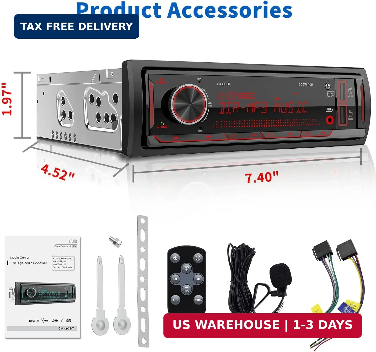 Single Din Car Stereo Receiver: Bluetooth Car Radio System – Marine Audio with L