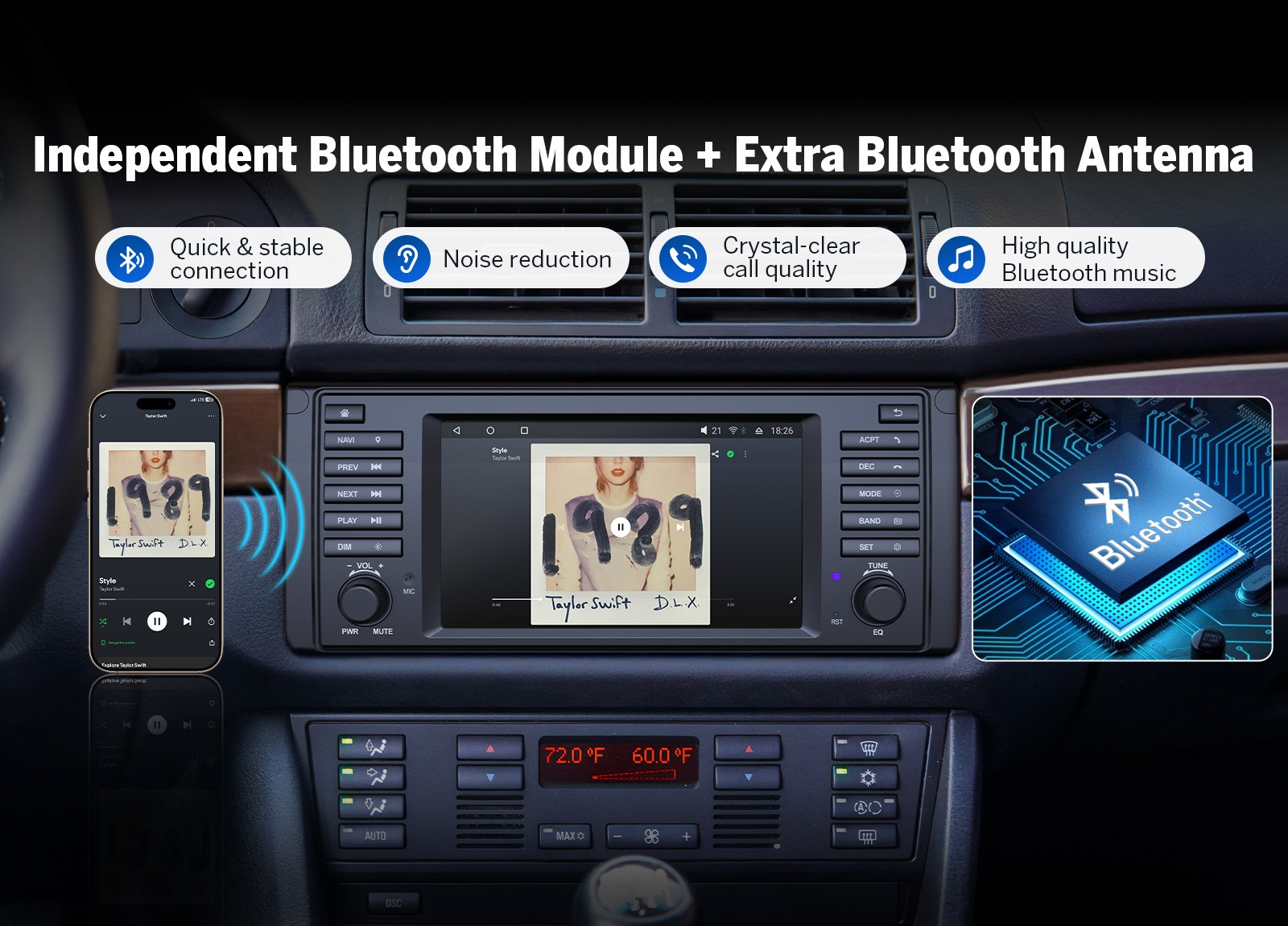 CAM+7″ 6+64GB Android 14 Stereo GPS Head Unit for BMW E39 528i 530i Split-Screen