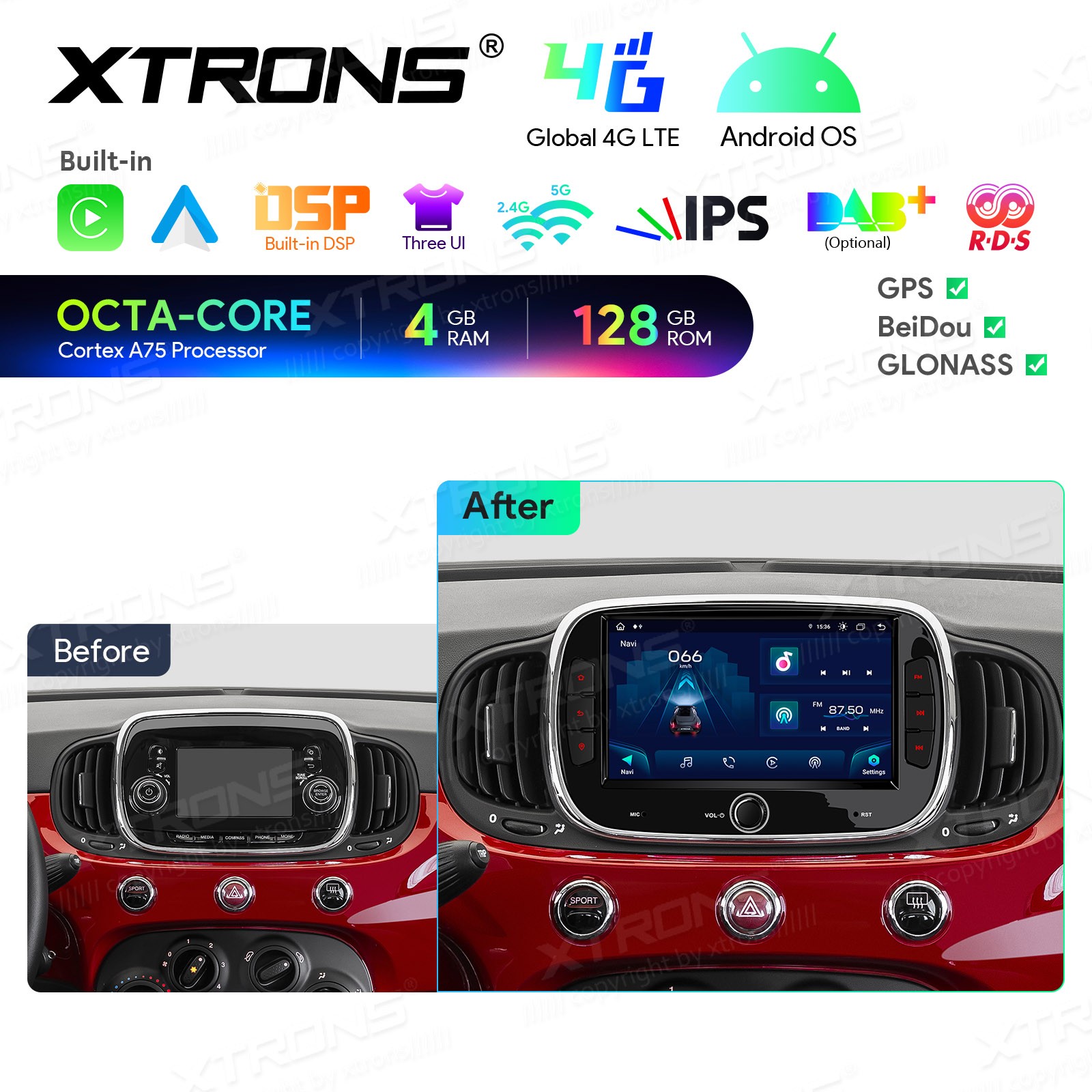 CarPlay For Fiat 500 Android 13 8-Core Car Stereo Radio RDS GPS 4G LTE WiFi 64GB