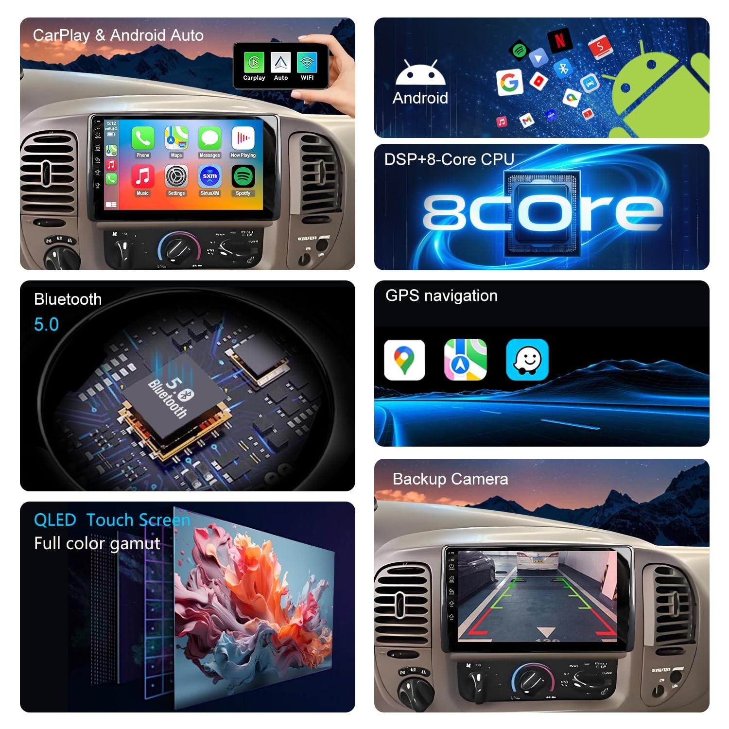 9″ QLED Wireless Carplay Android Auto Stereo for 1999-2003 Ford F150