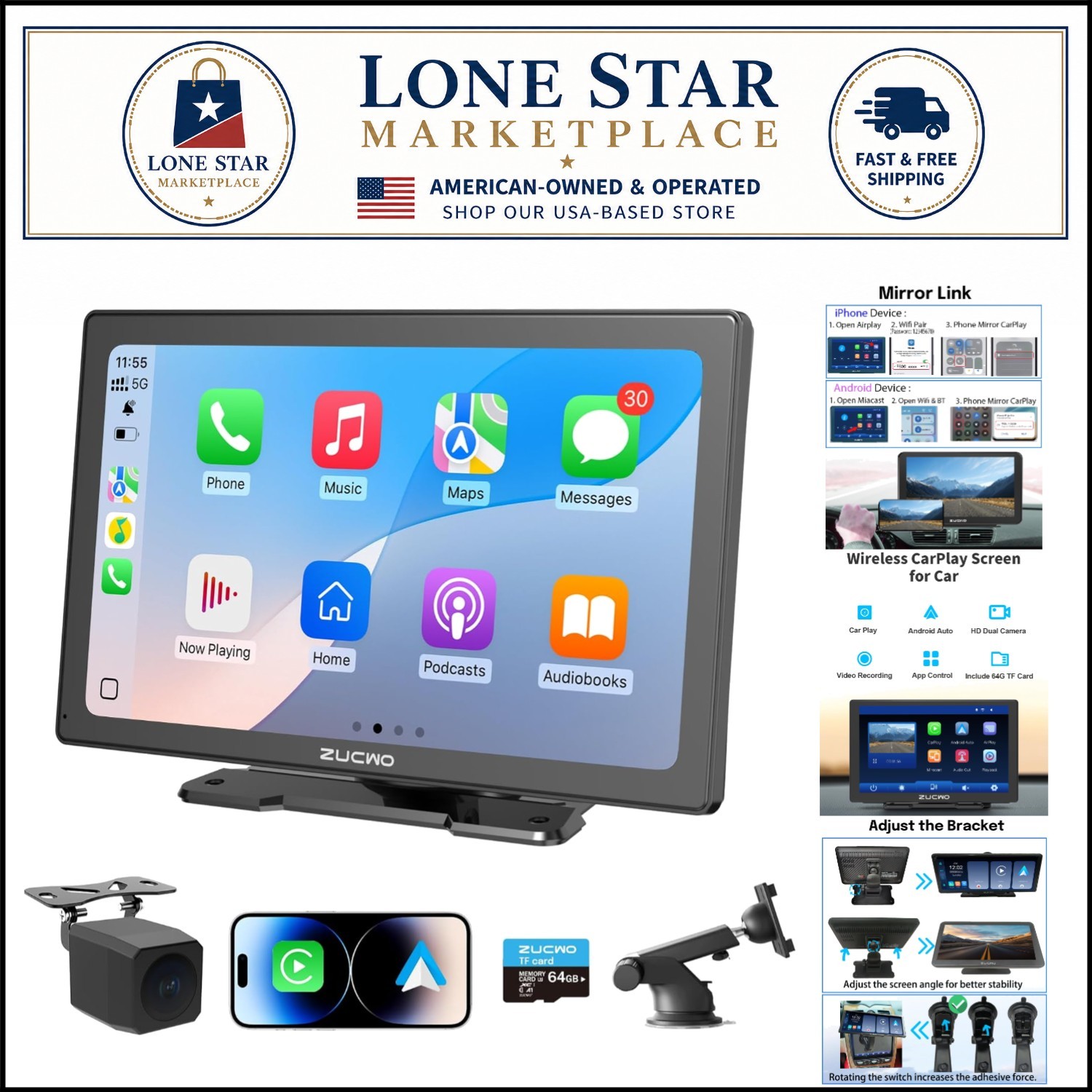 Compact 9-Inch CarPlay & Android Auto Touch Display with 4K Dash Cam Features