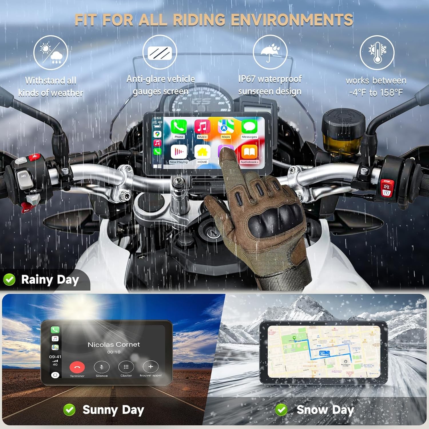 6.3″ Touch Screen Motorcycle Apple CarPlay Android Auto GPS Navi BT Waterproof