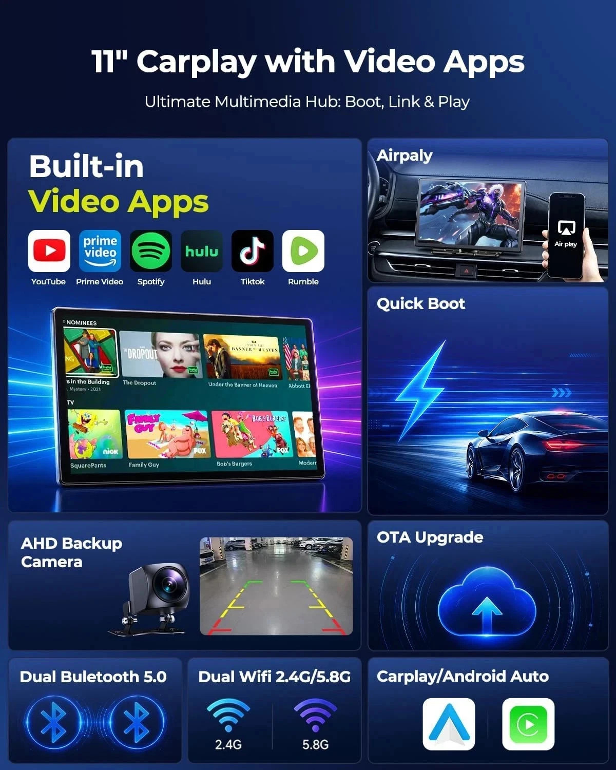 9″ 11″ Wireless Carplay Screen w/ YouTube/Netflix , Android Auto Screen + Camera