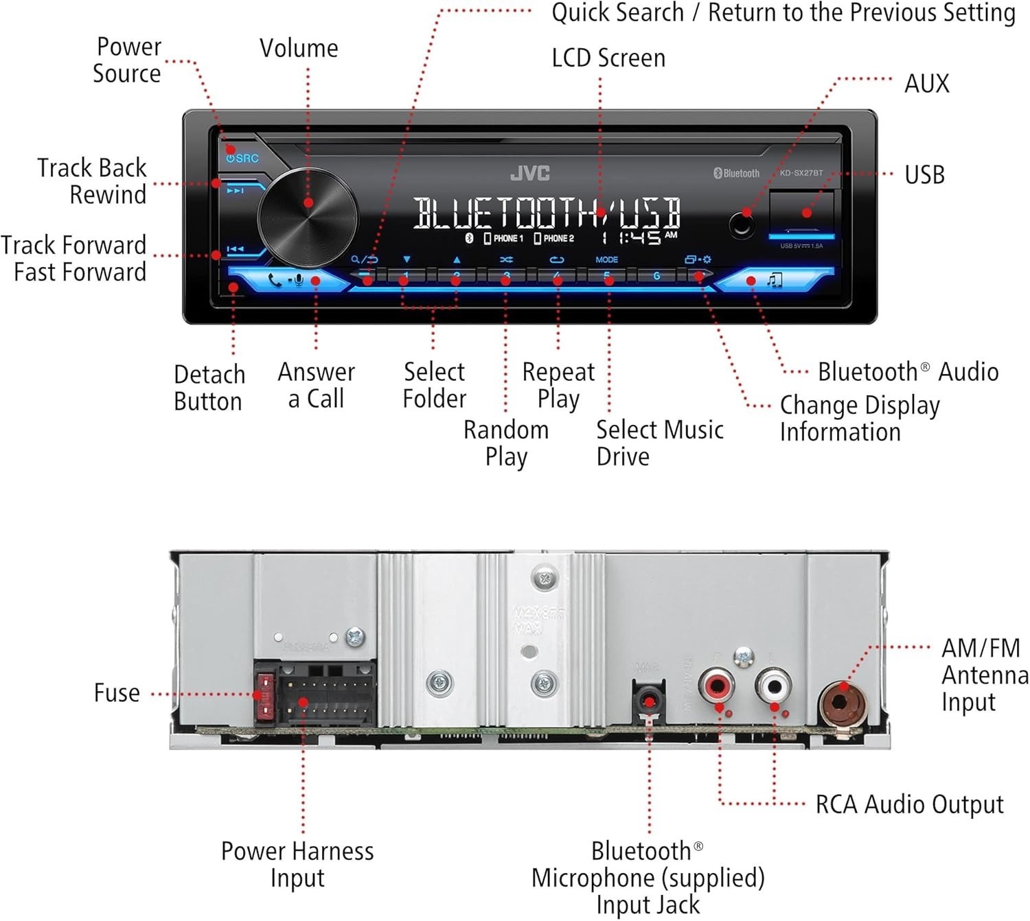Powerful KD-SX27BT Car Stereo: Bluetooth, USB Charging, & Remote App Control