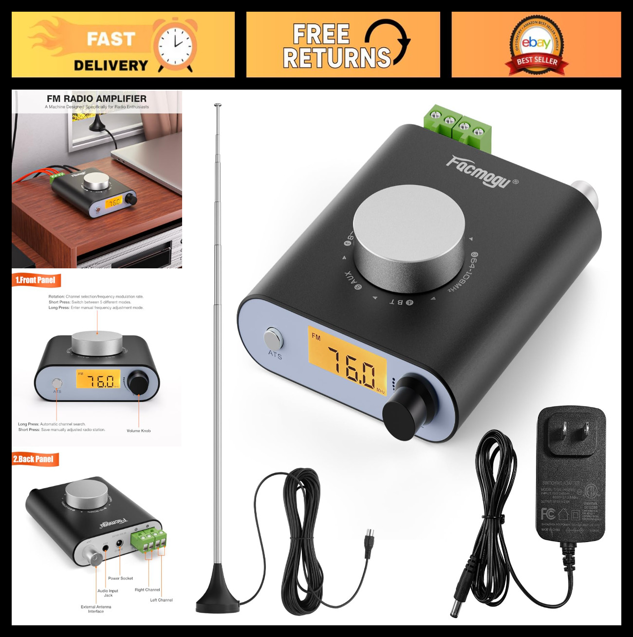 Professional FM Radio Receiver with Bluetooth & AUX, 33ft Adjustable Antenna