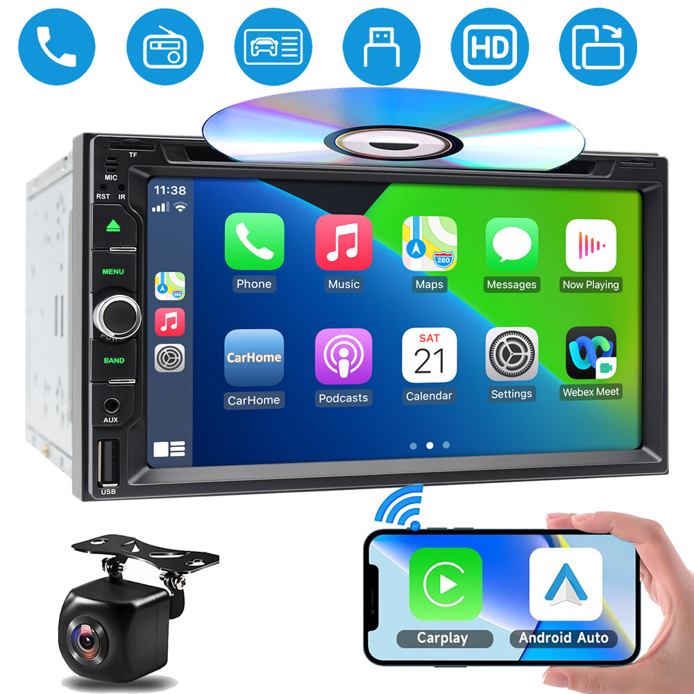 7″ Car Stereo DVD Wireless CarPlay GPS Bluetooth Double Din Radio Player Camera