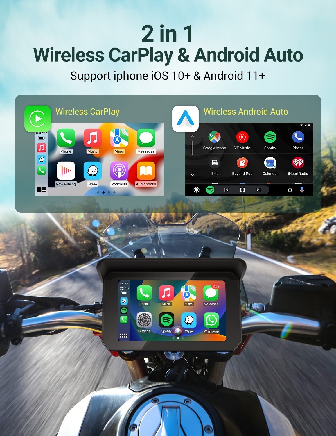 GPS Portable Motorcycle Navigator Wireless CarPlay Waterproof 5″IPS Touch Screen