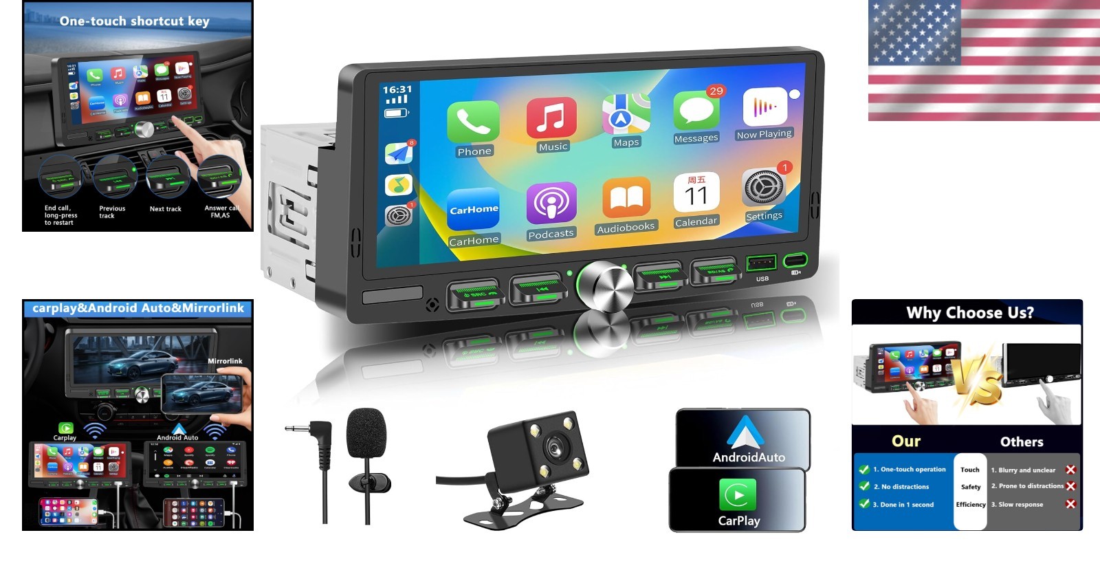 Single 1 Din Car Stereo Wireless CarPlay 6.8″ Touchscreen Bluetooth Radio FM USB
