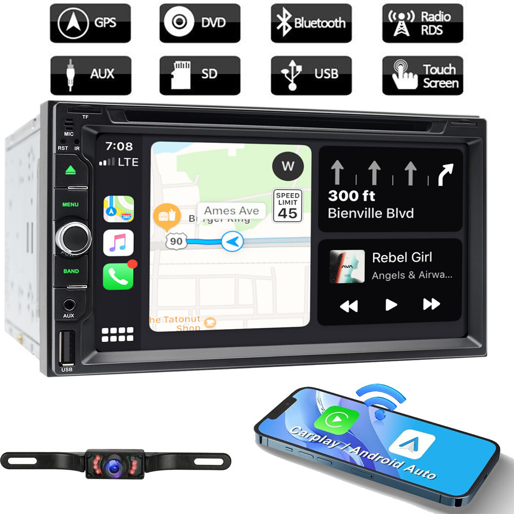 7” Double Din Car Stereo Apple Carplay DVD Player Radio USB Bluetooth Camera