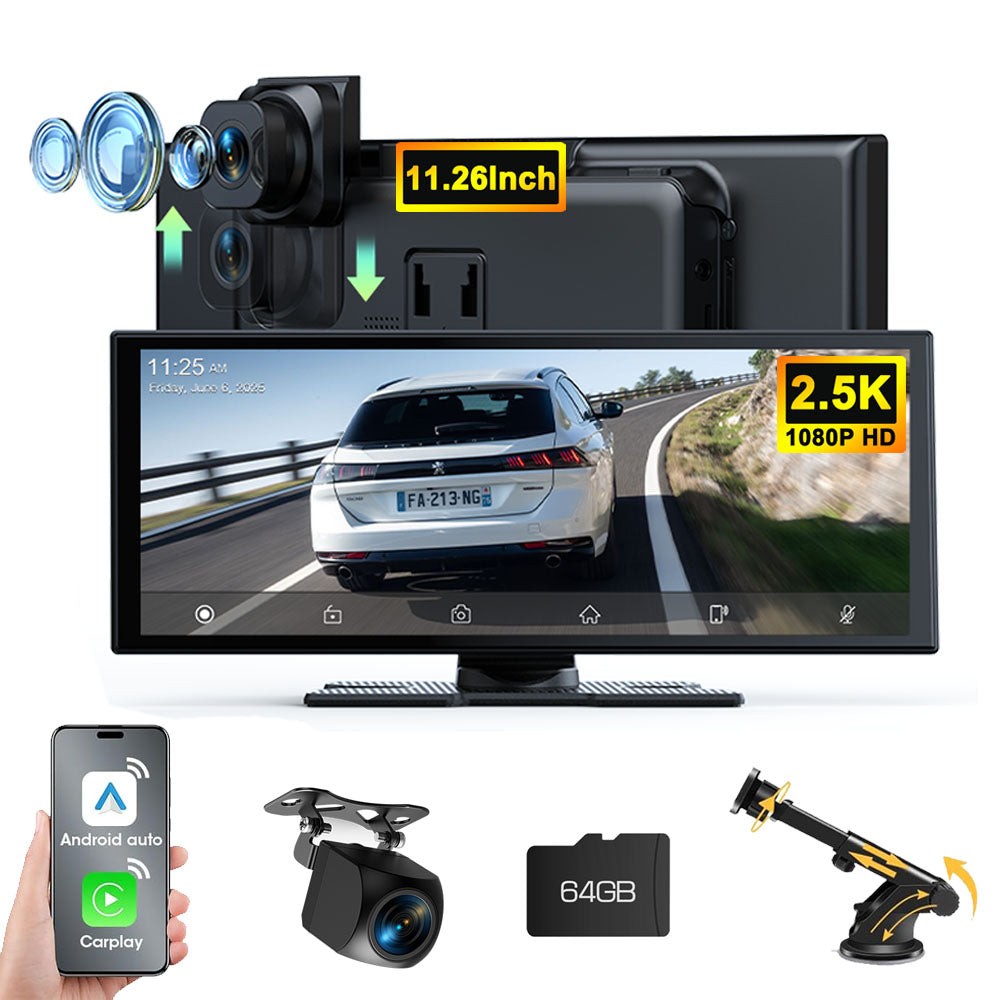 11.26″ Car Stereo Radio 2.5K Dash Cam For Apple Carplay&Android Auto + Rear Cam