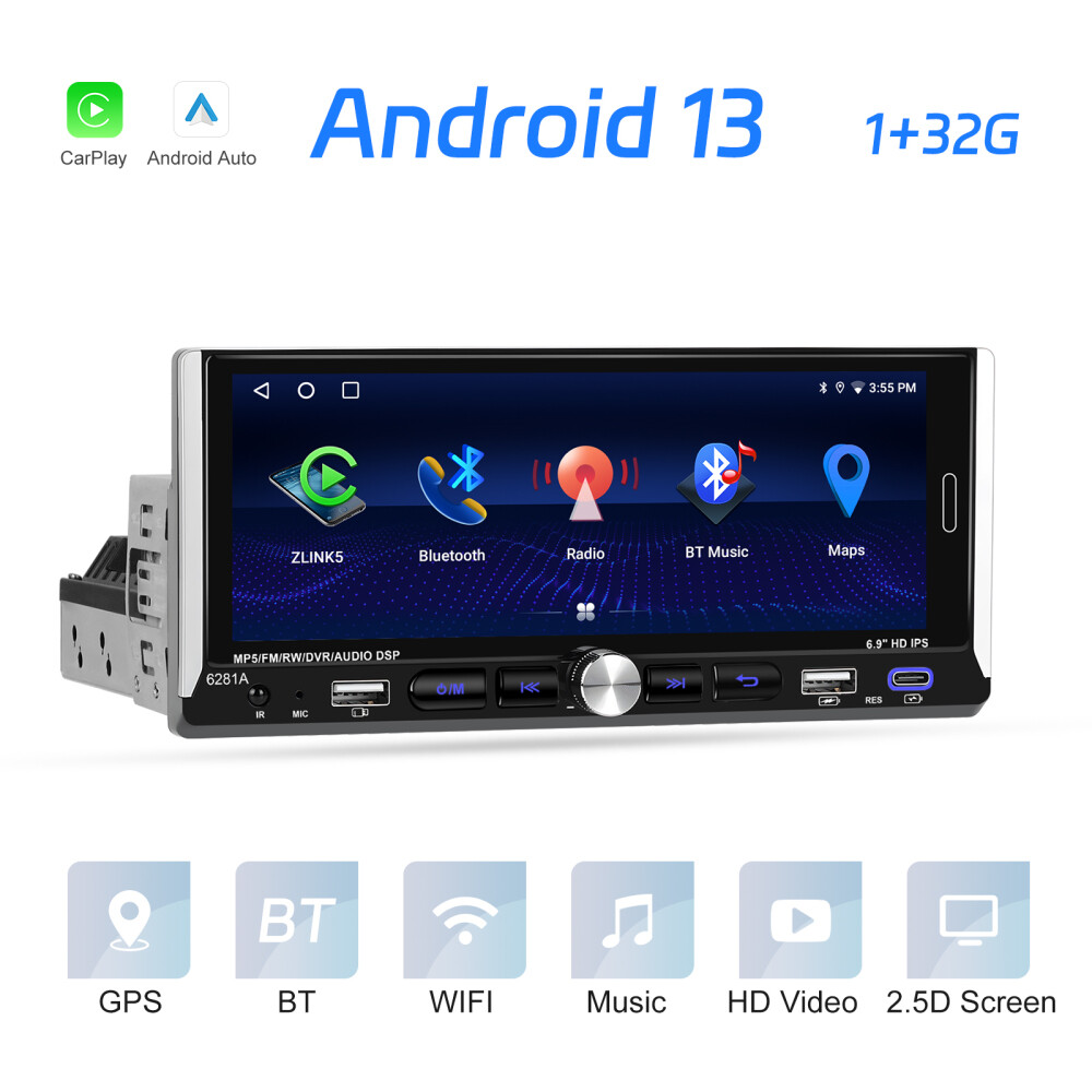 Single 1 DIN Car Radio GPS NAVI Carplay 6.9 Inch Stereo Player Android 15 2+64G
