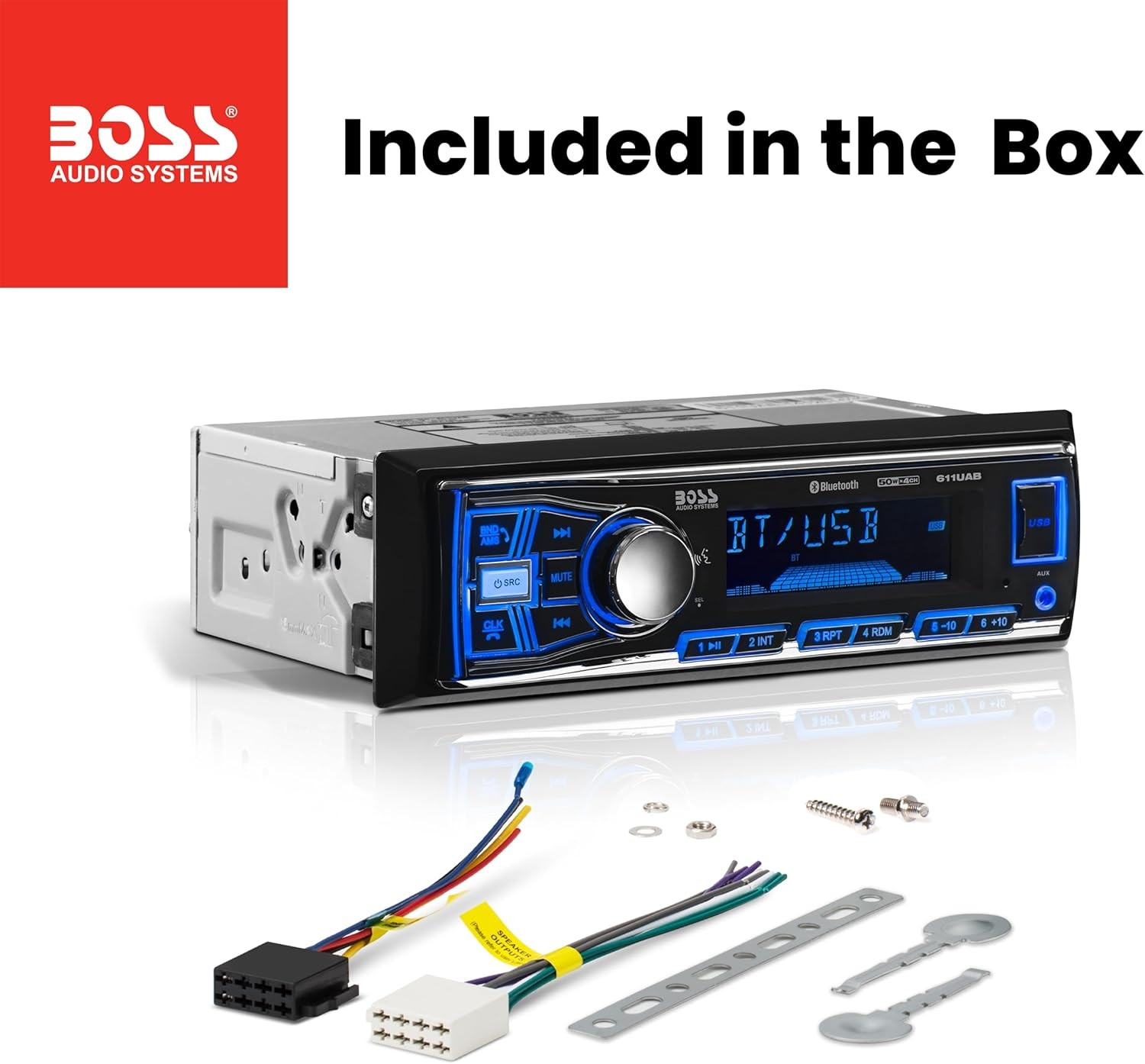 611UAB Car Stereo System – Single Din, Bluetooth Audio and Calling Head Unit, A