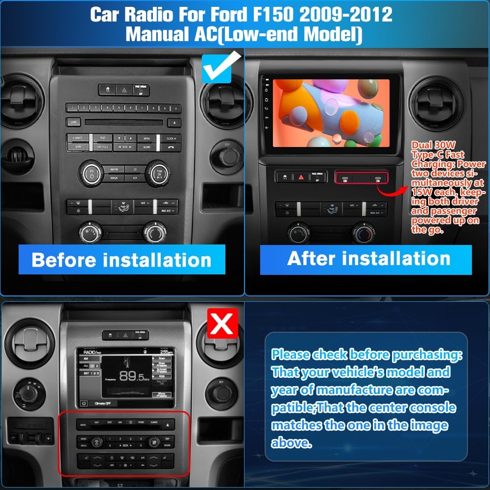 Android 13 2GB+64GB Car Radio Stereo for Ford F150 2009-2012 Manual AC(Low-en…