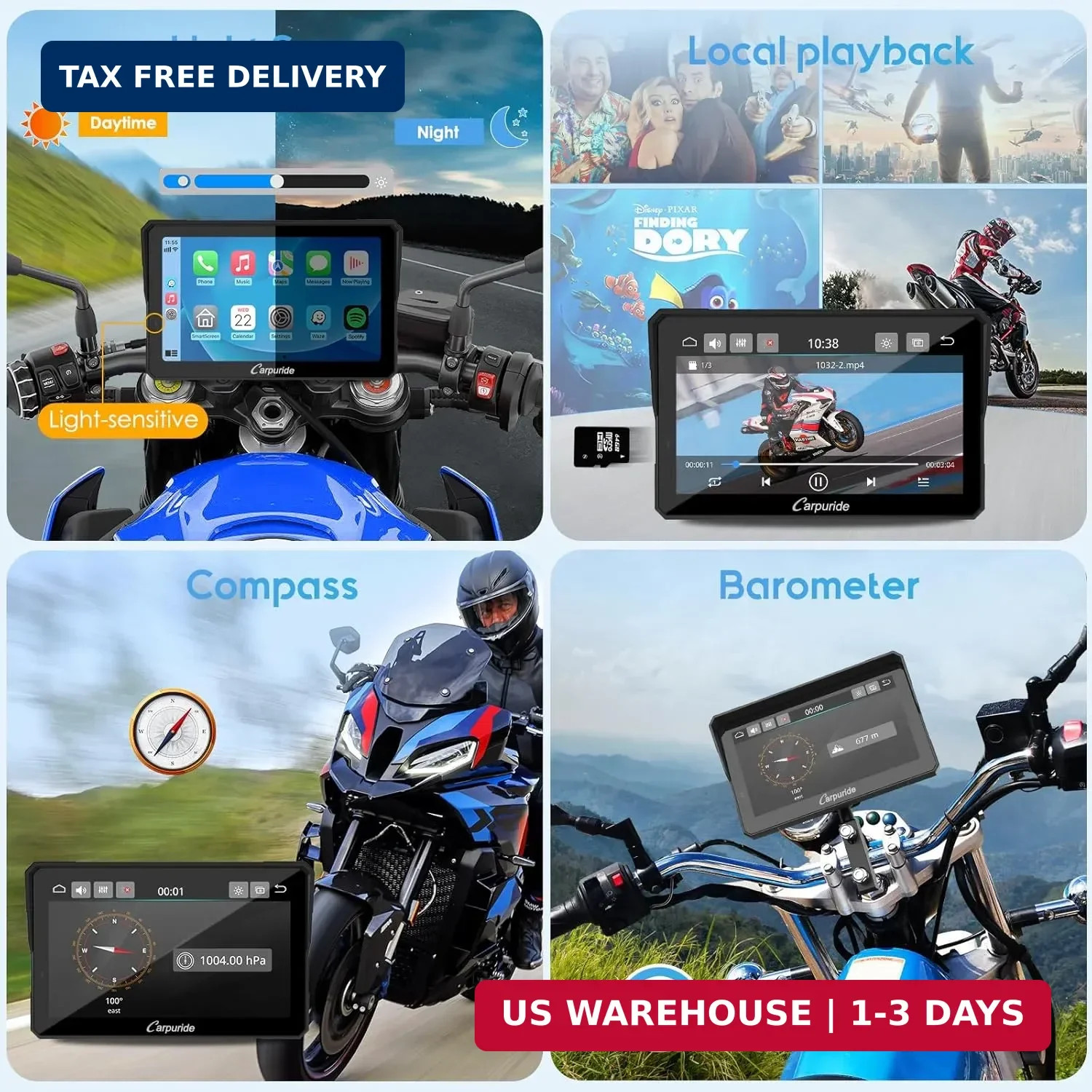 Carpuride W702PRO for Motorcycle CarPlay& Android Auto& Dual Bluetooth – 7″ Wate