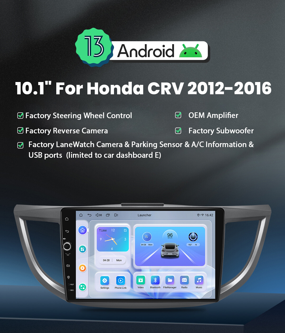 10.1 Inch Android Car Stereo Multimedia Player for 4th Gen Honda CR-V 2012-2016