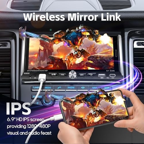 Single Din Car Stereo with Wireless Apple Carplay Android Auto, 6.9″ 6.9 Inch