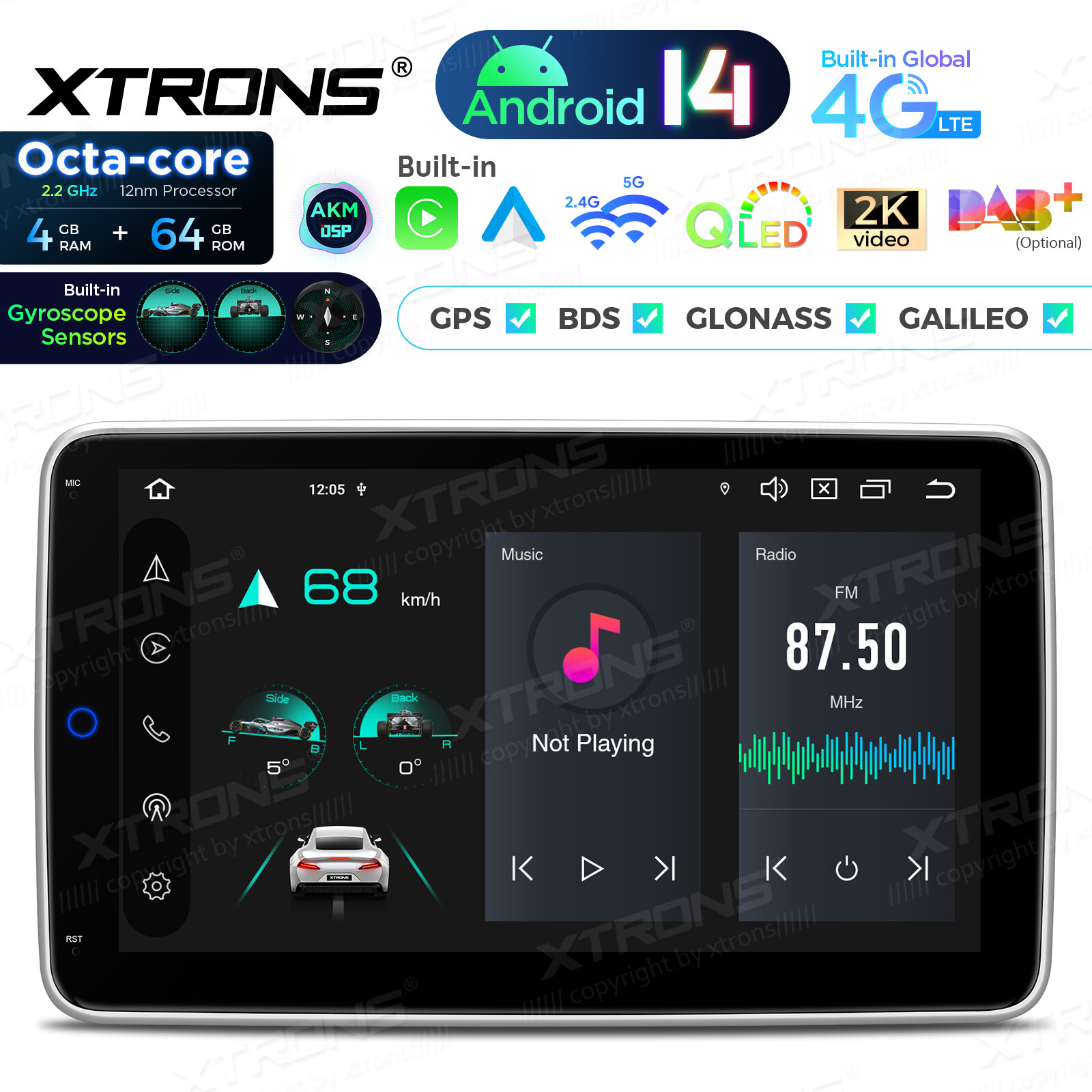10.1″ Rotatable Screen 1-DIN 8Core Android 13 64GB Car Play Stereo GPS Radio DSP