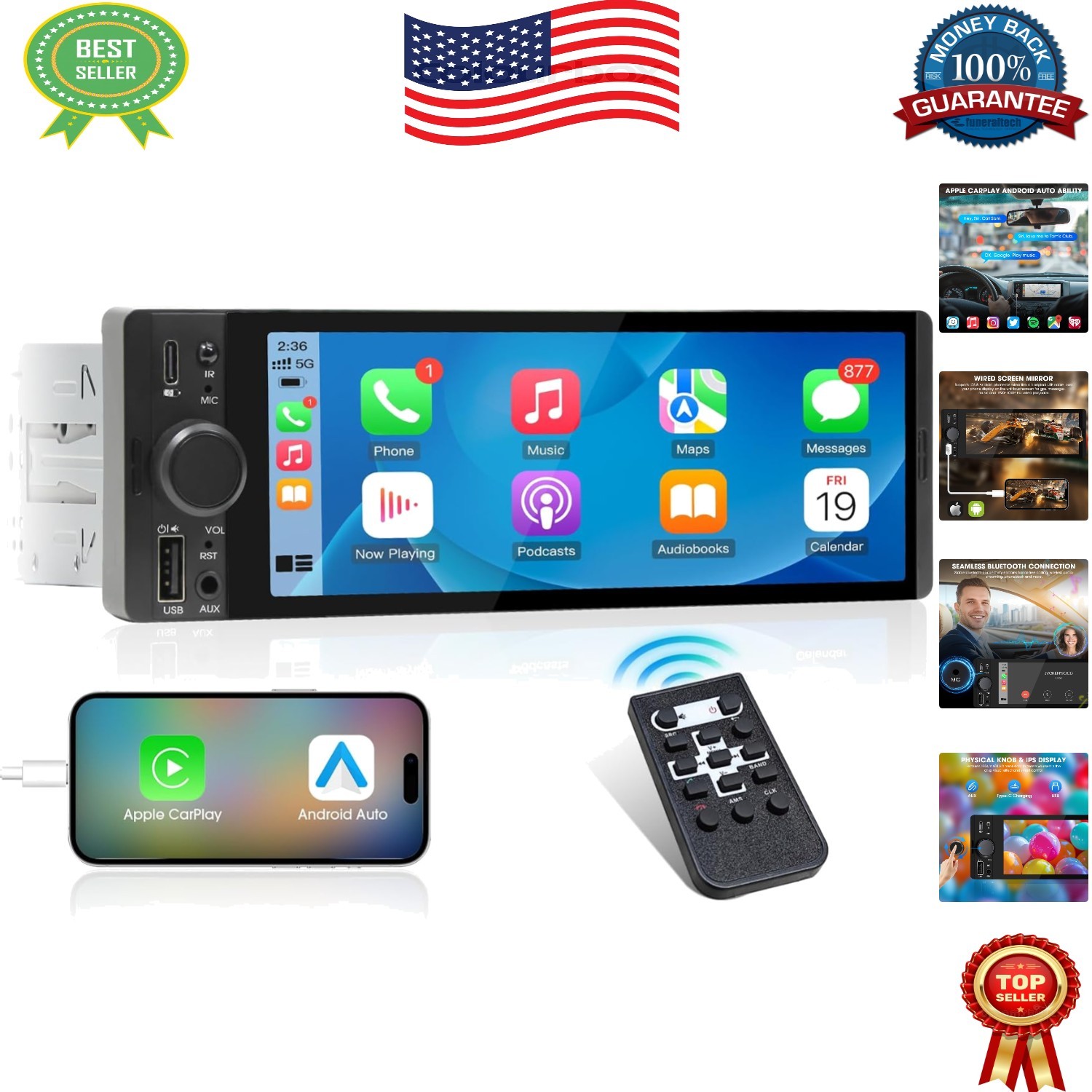 Compact 6.5″ Touchscreen Car Stereo – CarPlay, Android Auto, 4-Channel Sound
