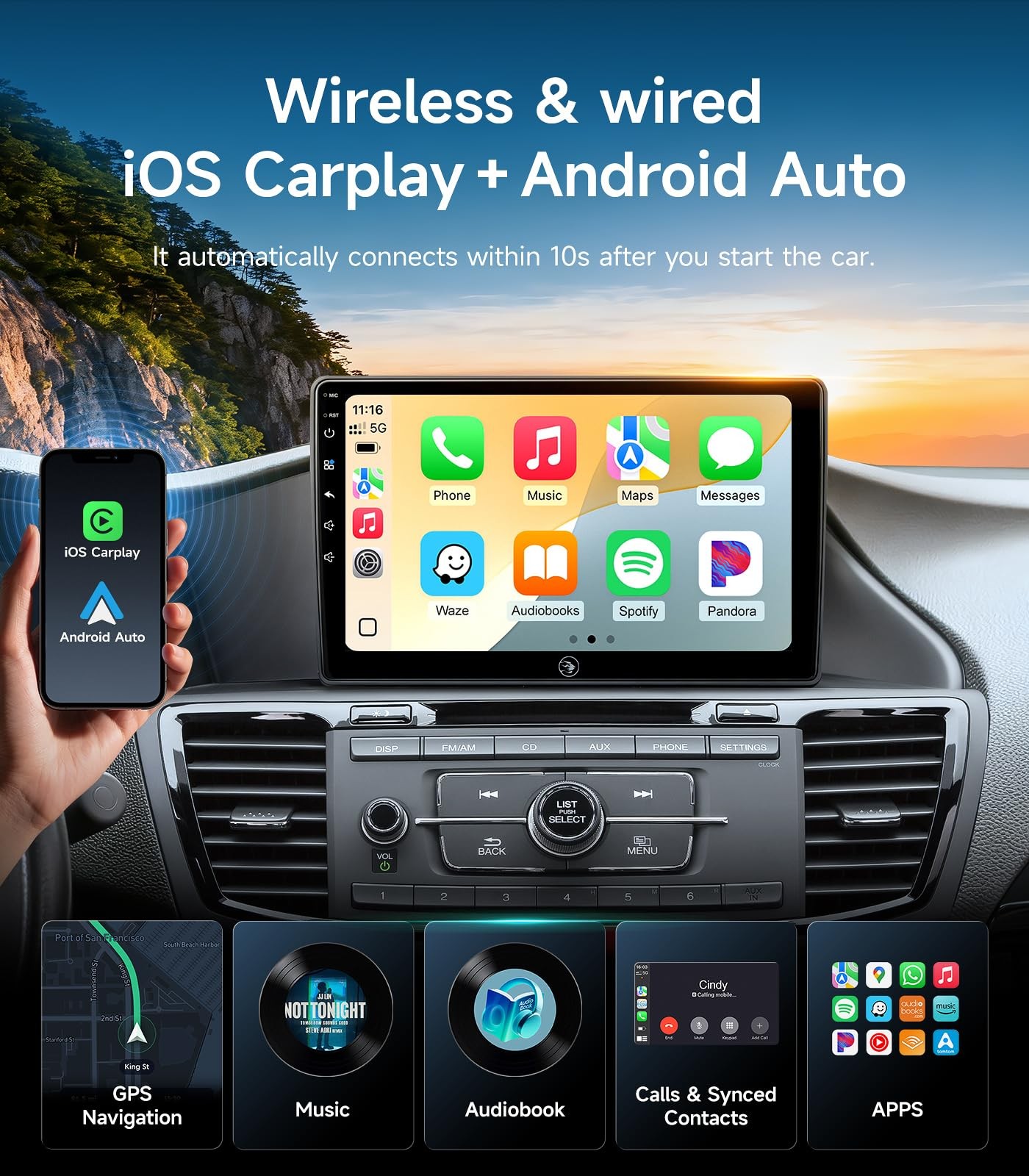 10.2 Inch Honda Accord Car Radio Stereo 2013-2017, Wireless CarPlay, GPS