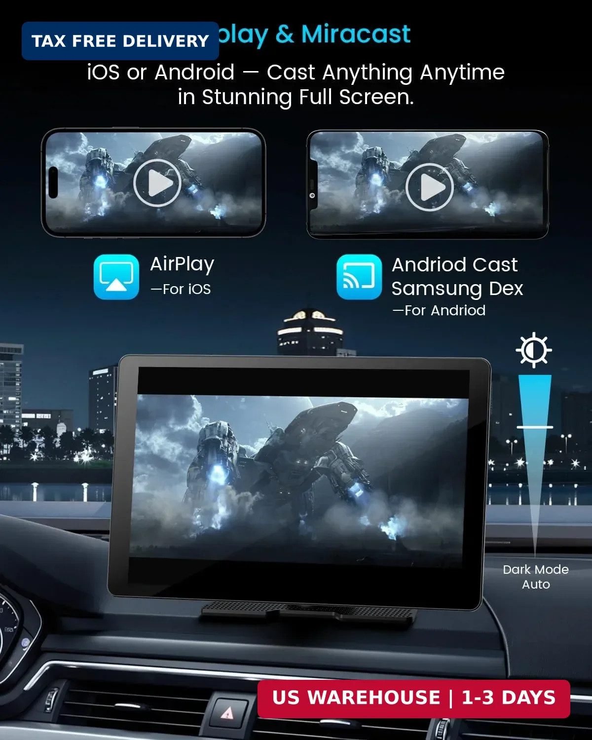 11″ Extra Large Wireless Apple CarPlay Screen for Car – Ultra-Slim 0.16 Inch Tou