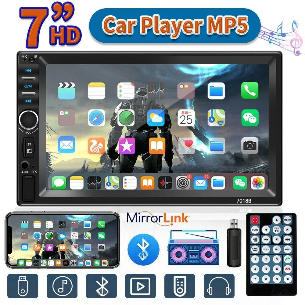 Car Stereo Radio 7 Inch Bluetooth MP5 Touch Screen Type-C USB FM 2 DIN Unit