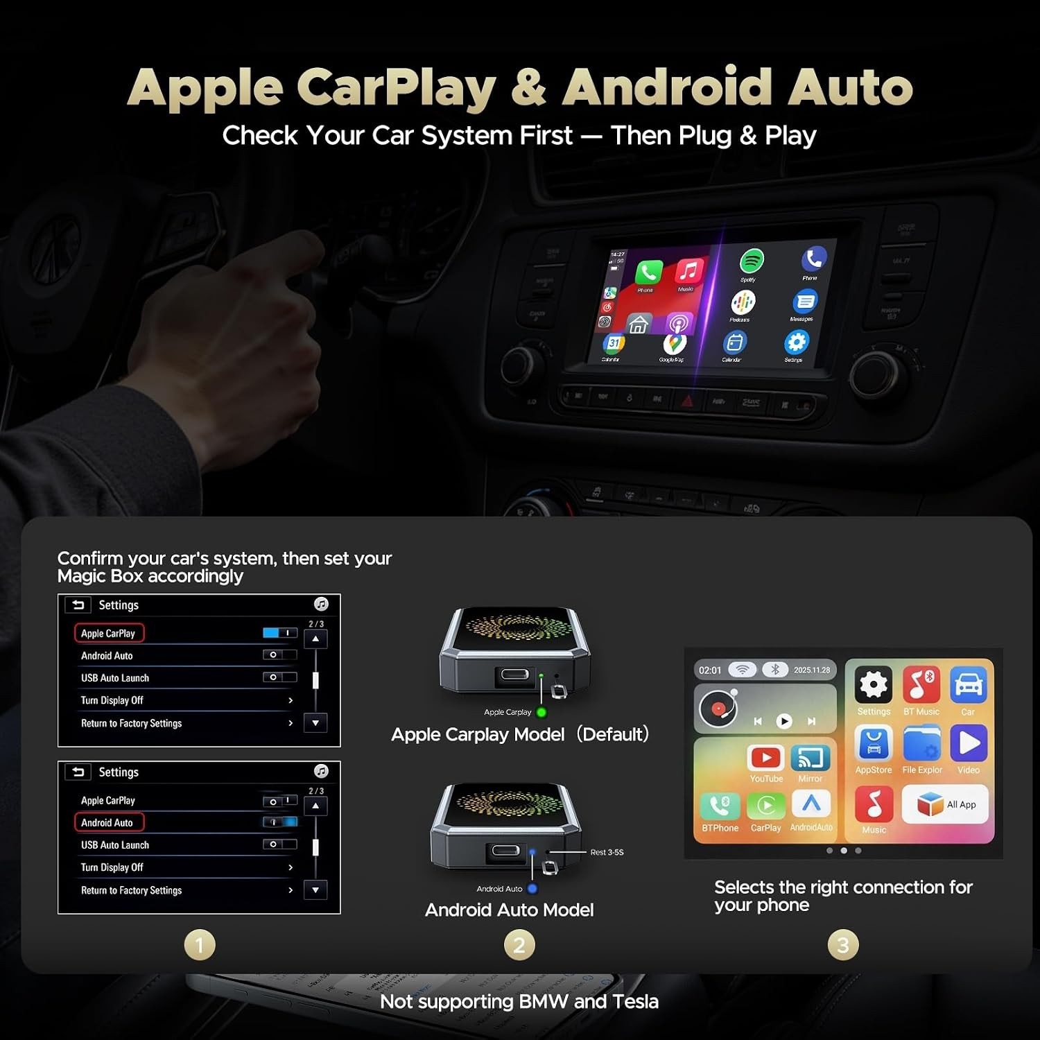 3-in-1 Wireless Carplay Adapter Magic AI Box w/Netflix YouTube USB Drive for OEM
