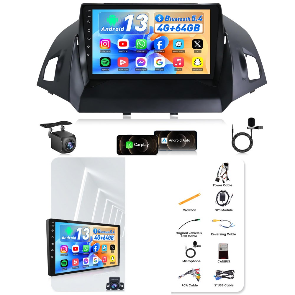 Car Radio Stereo 64G 5G WiFi 9″ GPS RDS EQ FM SWC Wifi For Ford Escape 2013-2018