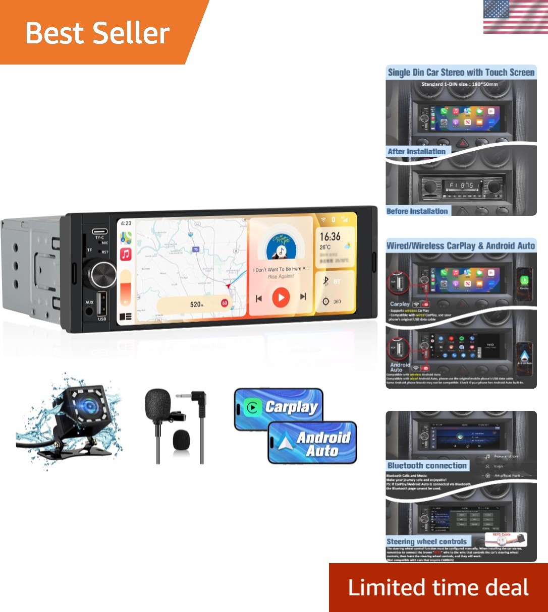 Bluetooth Car Stereo with Android Auto & Wireless CarPlay—6.36″ High-Res Display
