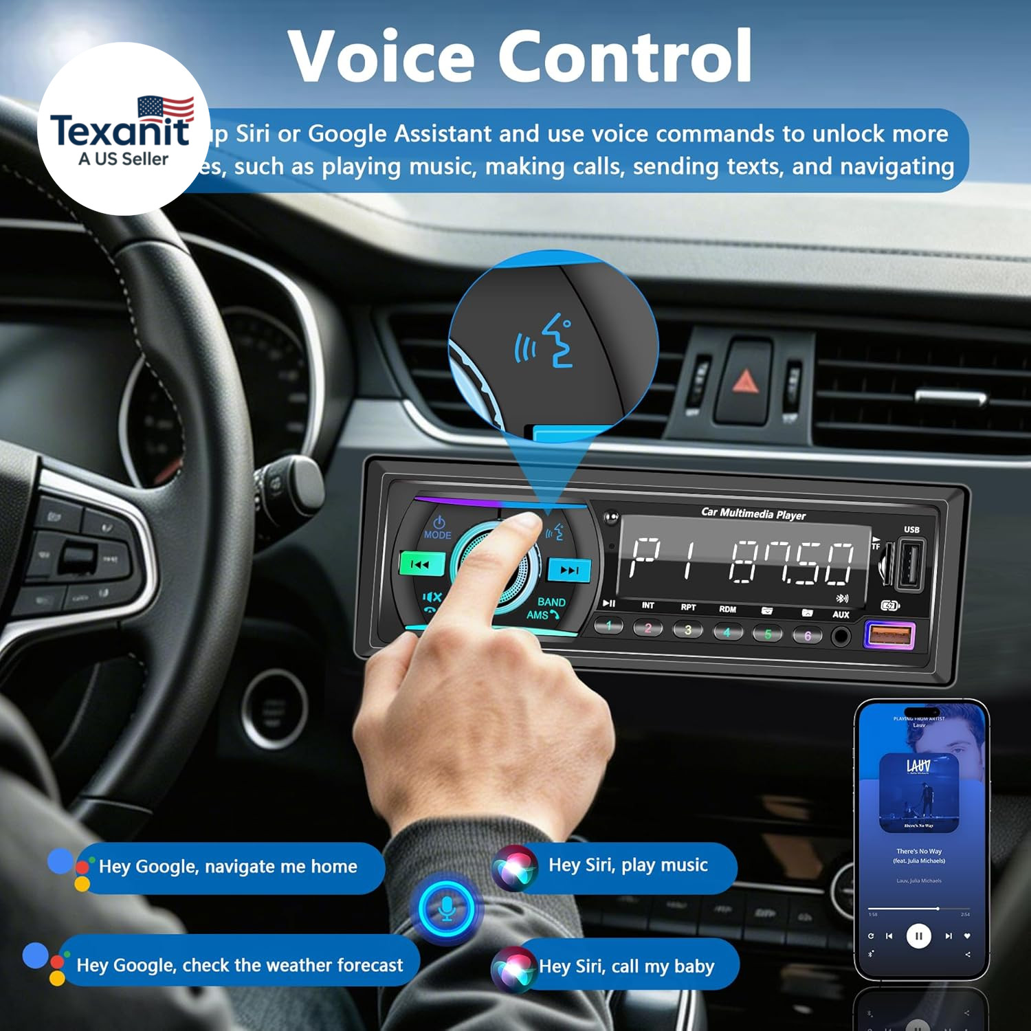 Car Stereo Bluetooth Single Din Radio, Car Audio with Push to Talk Assistant, Ha