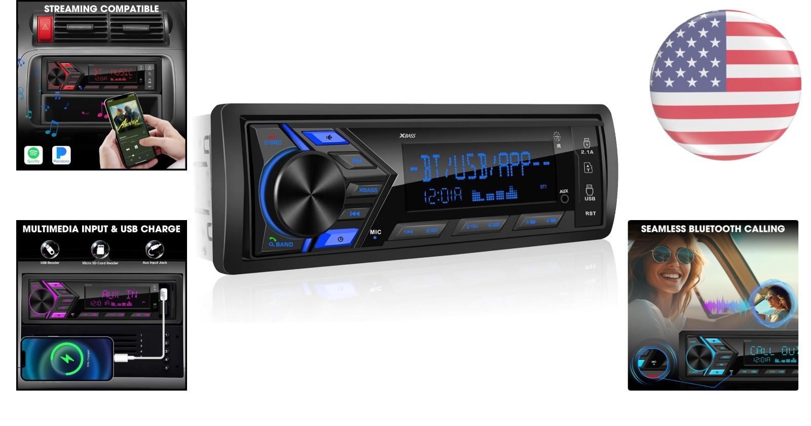 Single Din Car Stereo with Bluetooth, USB Fast Charging & 300W Output