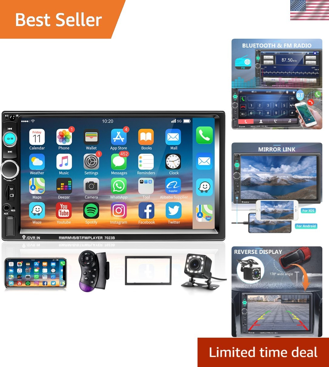 Double Din 7 Inch Car Radio with Touchscreen, Bluetooth & Reverse Safety Camera