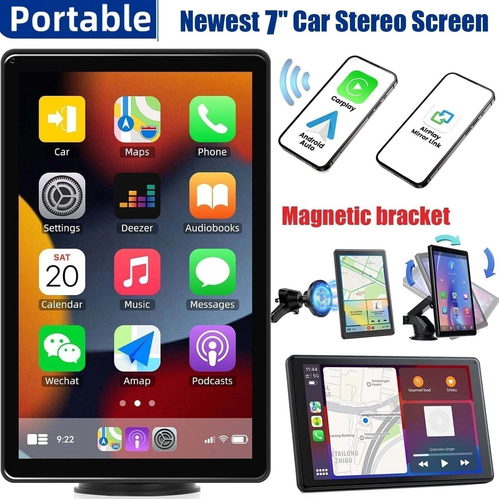 7″ Touch Screen 2K Portable Car Wireless Apple CarPlay&Android Auto Radio BT FM
