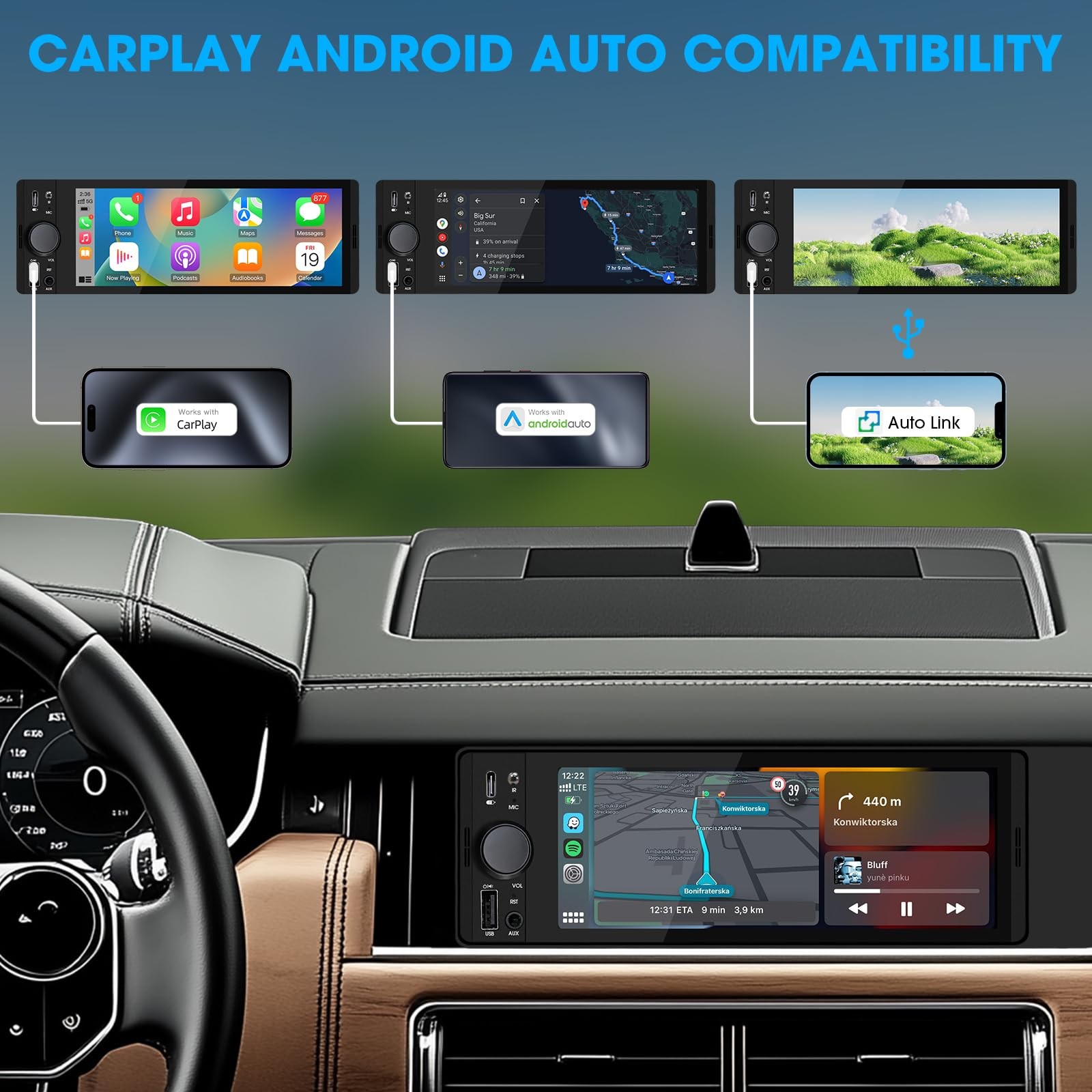 SOUNDKITS Single Din Car Radio with CarPlay: Bluetooth 6.5 Inch, Black