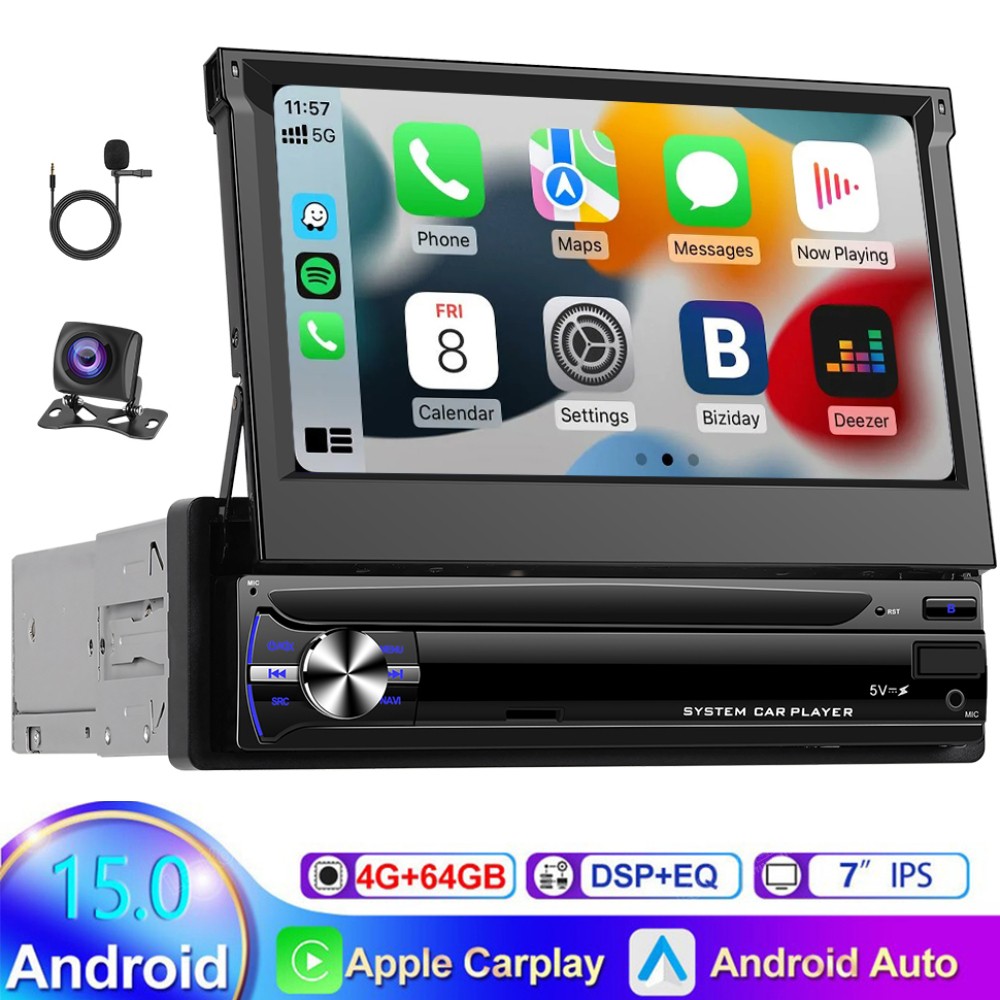 7” Android 15.0 Single 1 Din Car Stereo Radio GPS Navi WIFI FM RDS Camera
