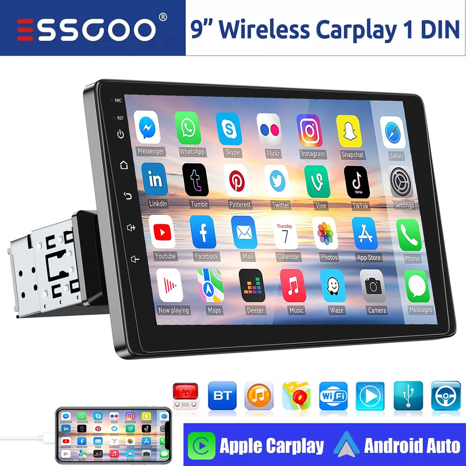 9″ Car Stereo Radio Rotatable Single 1 DIN Wireless Apple CarPlay Android Auto