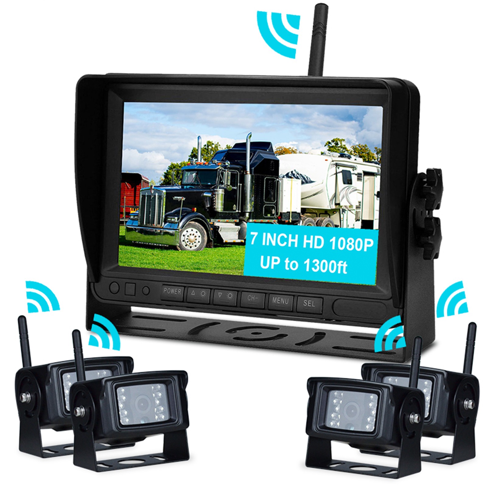 7″ Display Wireless AHD 1080P 4CH Rear View Backup Camera Kit for Truck Trailer·