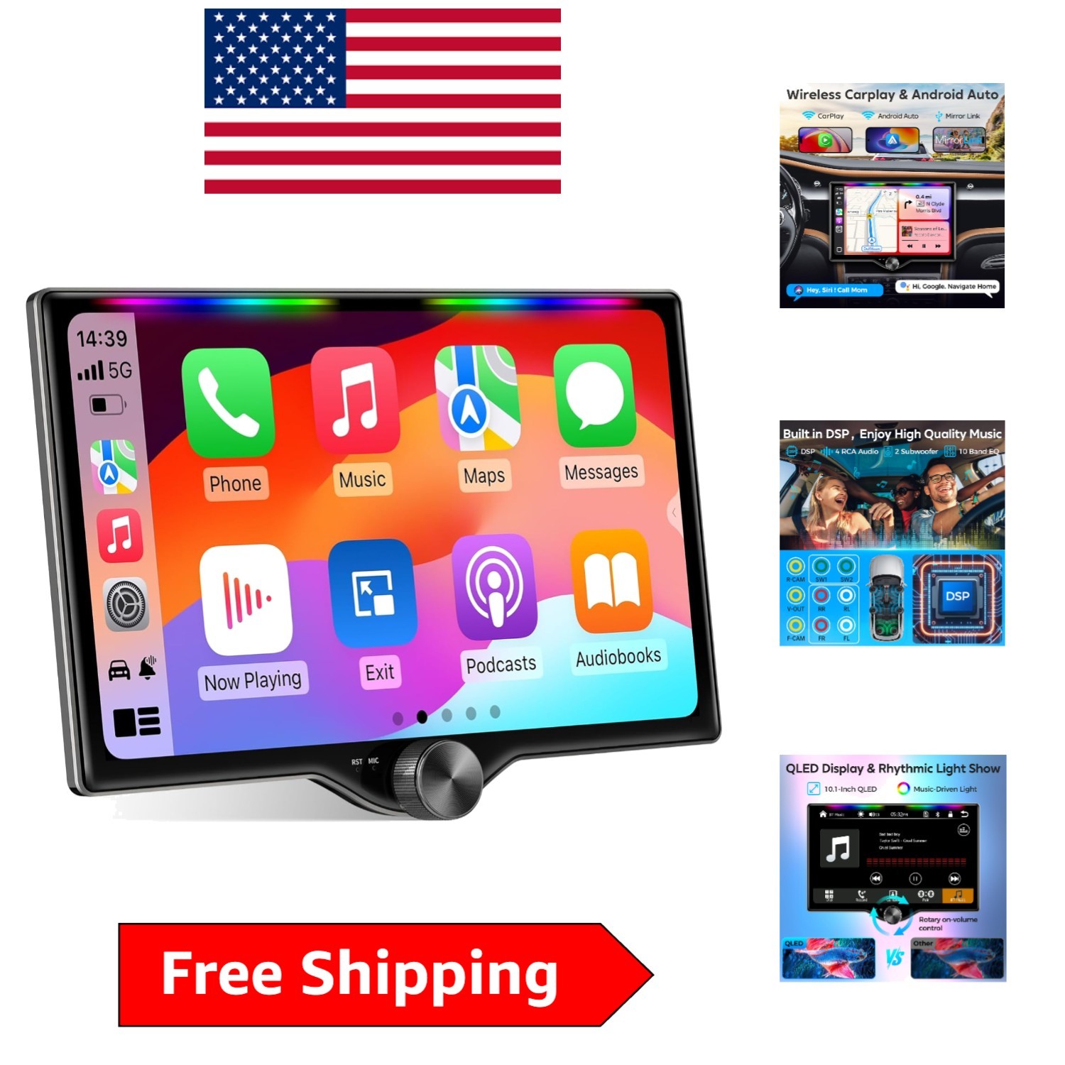 High-Power 10.1-Inch QLED Car Stereo with Music Sync Ambient Light & Bluetooth