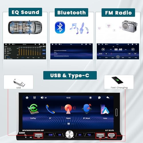 6.9 Inch Car Stereo Single Din Wireless Carplay Android Auto, Touch Screen