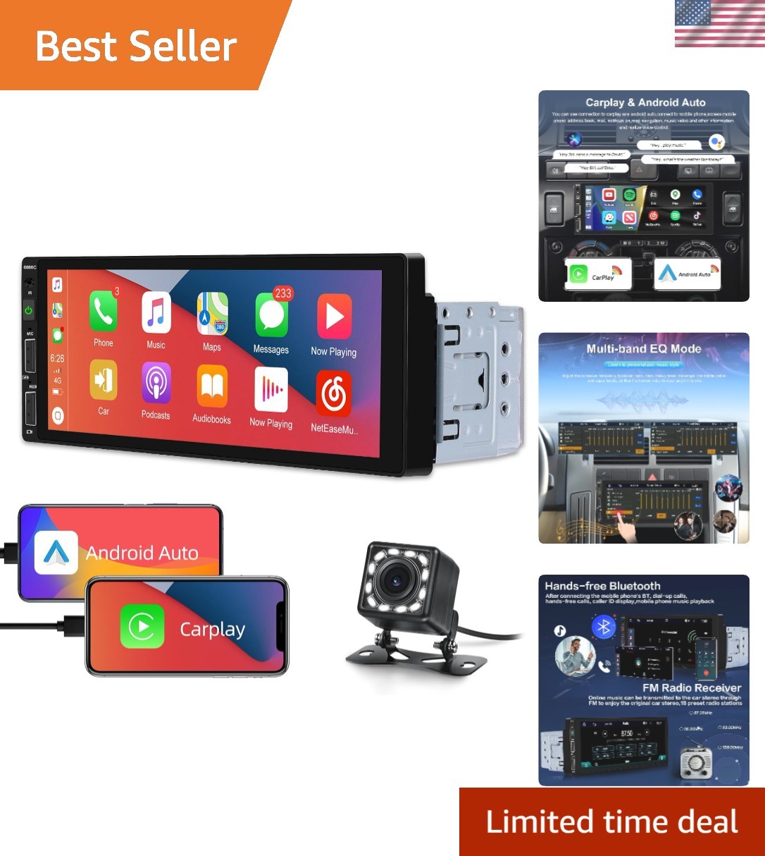 7 Color EQ Car Stereo with 6.86″ Touchscreen and Android Auto for Safe Driving