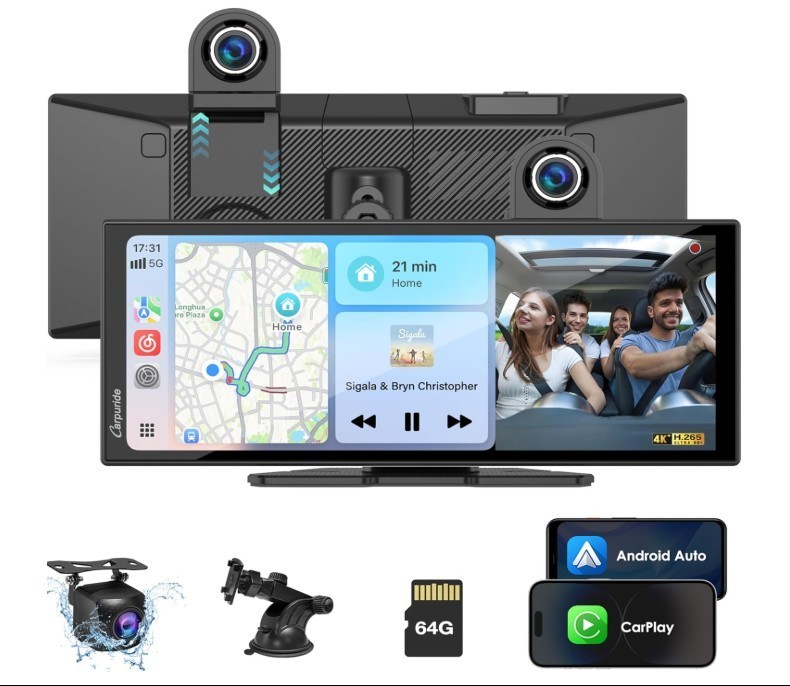 11.26″ Portable CarPlay & Android Auto Touchscreen with 4K Dash Cam