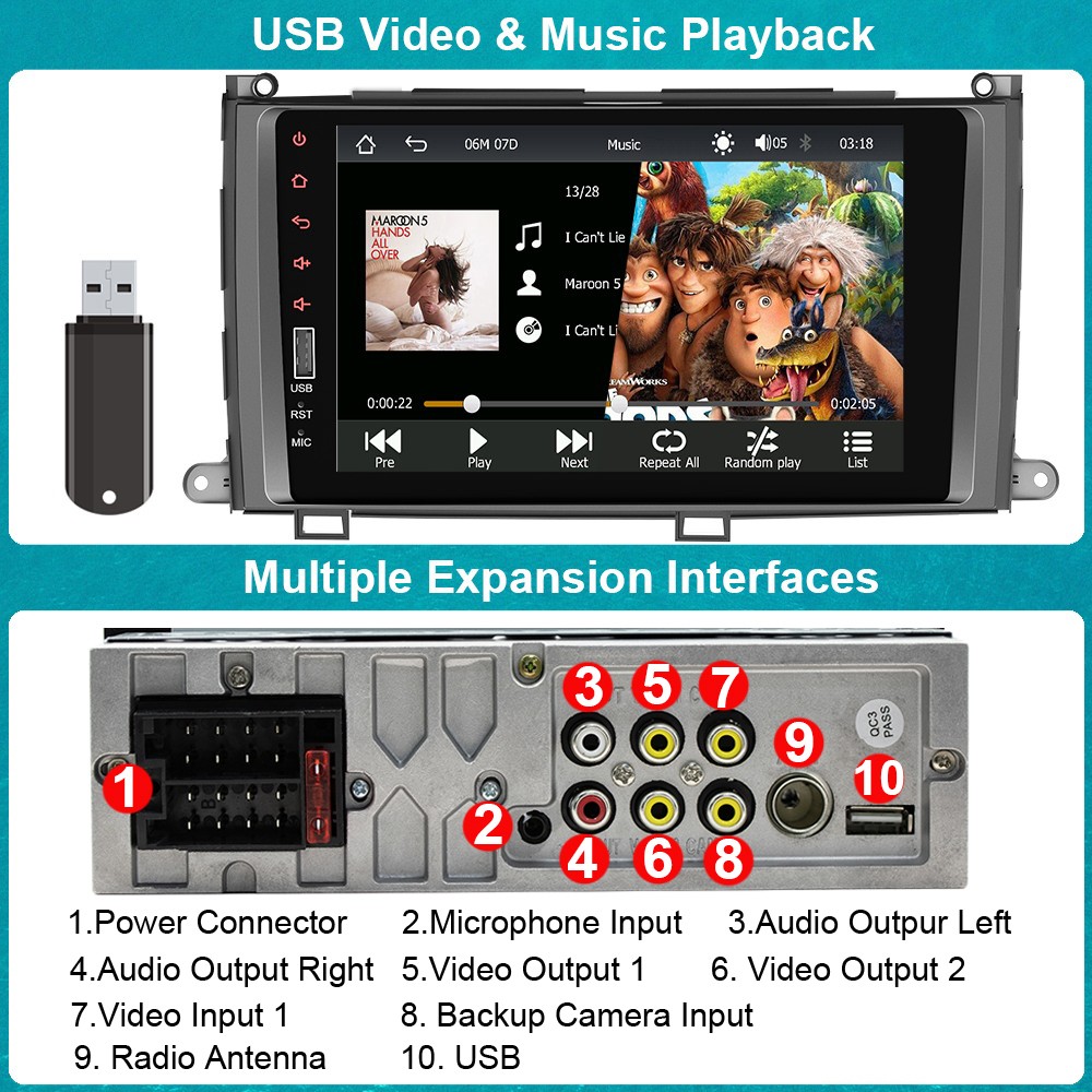 For Toyota Sienna 2011 2012 2013 2014 AM/FM Radio Bluetooth MP5 Player CarPlay