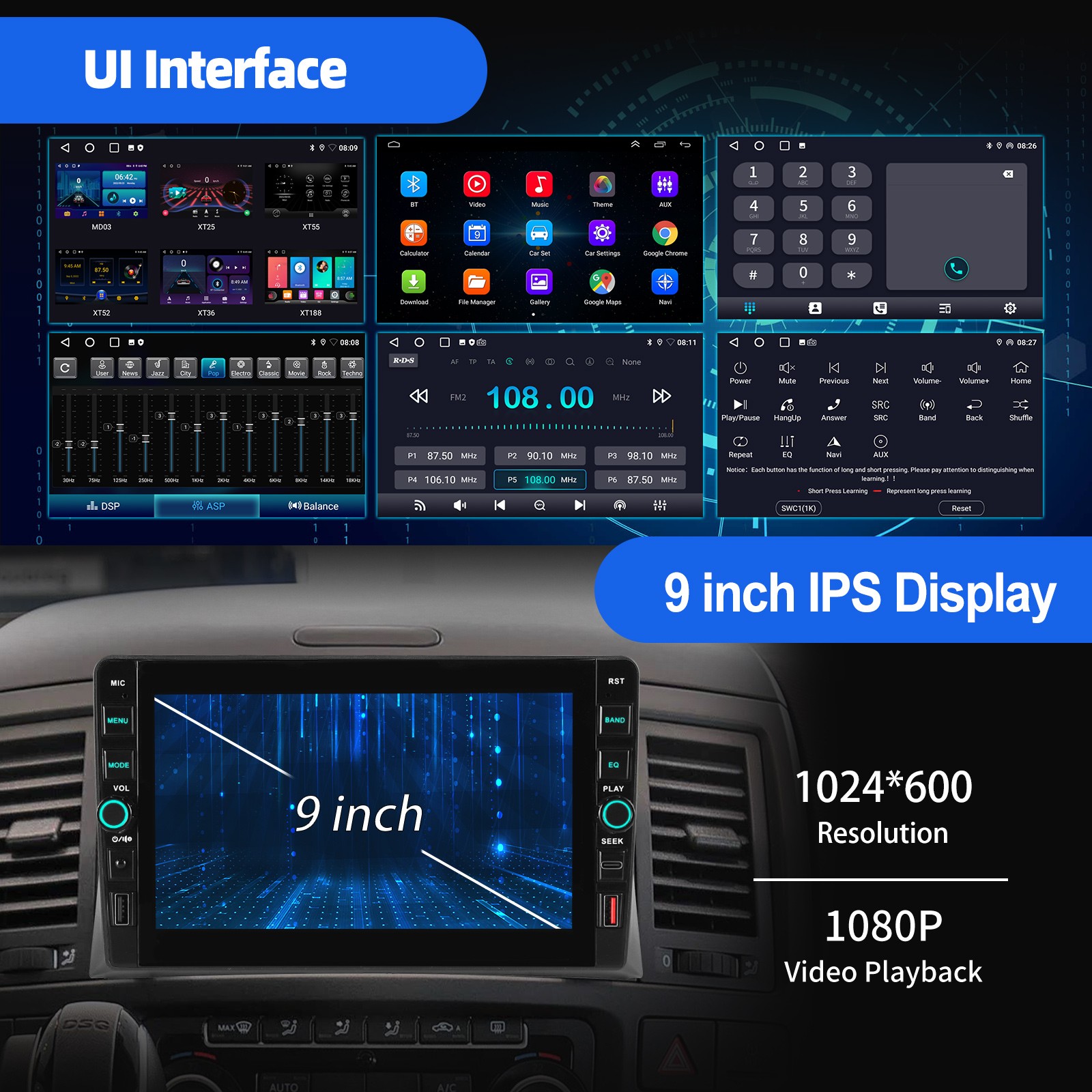 9 Inch 2 DIN Car Stereo Radio 4G+64GB Android 15 Carplay GPS Navi WIFI BT FM/RDS