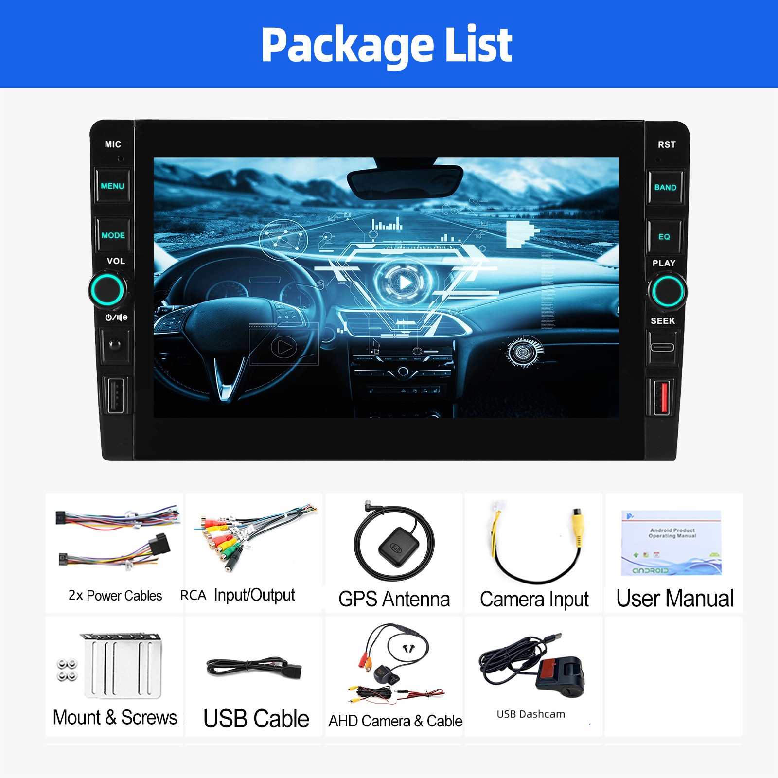 DVR&AHD+ 8″ Car Stereo Radio 2DIN Android 15 Carplay 4+64G GPS Navi USB BT WiFi